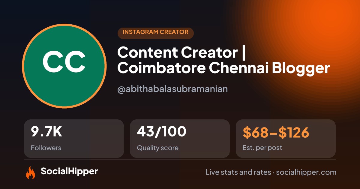 Content Creator | 📍Coimbatore 🔁 Chennai Blogger Instagram stats on SocialHipper