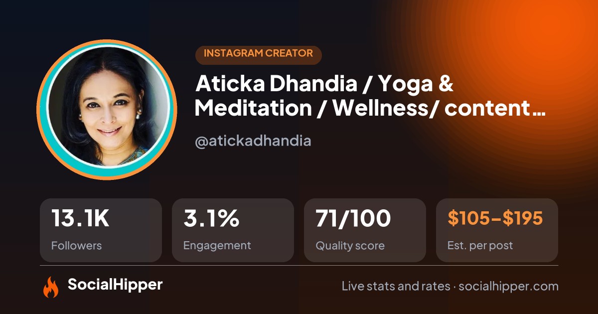 Aticka Dhandia / Yoga & Meditation / Wellness/ content creator Instagram stats on SocialHipper