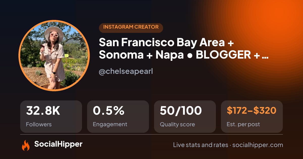 San Francisco Bay Area + Sonoma + Napa • BLOGGER + STREAMER Instagram stats on SocialHipper