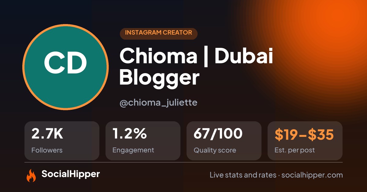 Chioma | Dubai Blogger Instagram stats on SocialHipper