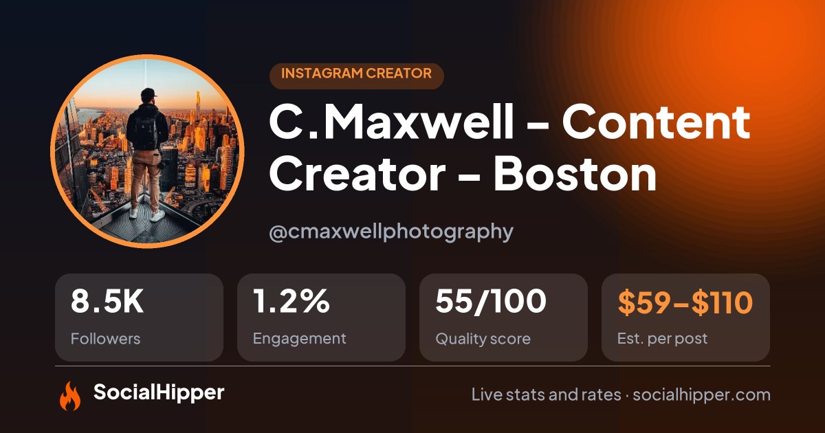 C.Maxwell - Content Creator - Boston Instagram stats on SocialHipper