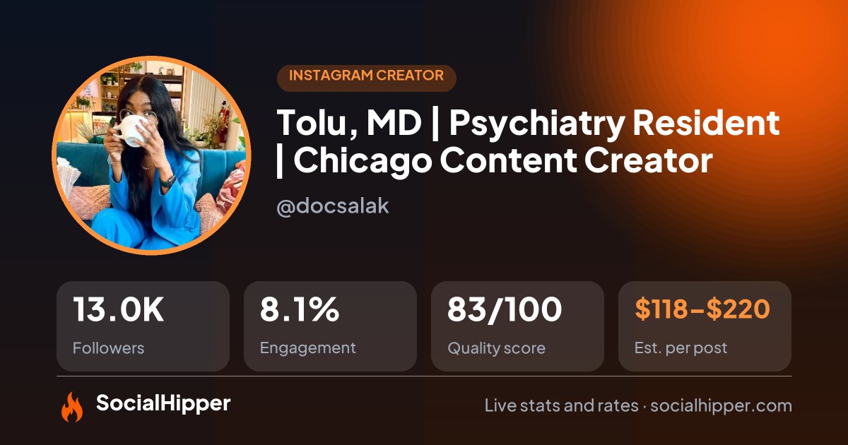 Tolu, MD | Psychiatry Resident | Chicago Content Creator Instagram stats on SocialHipper