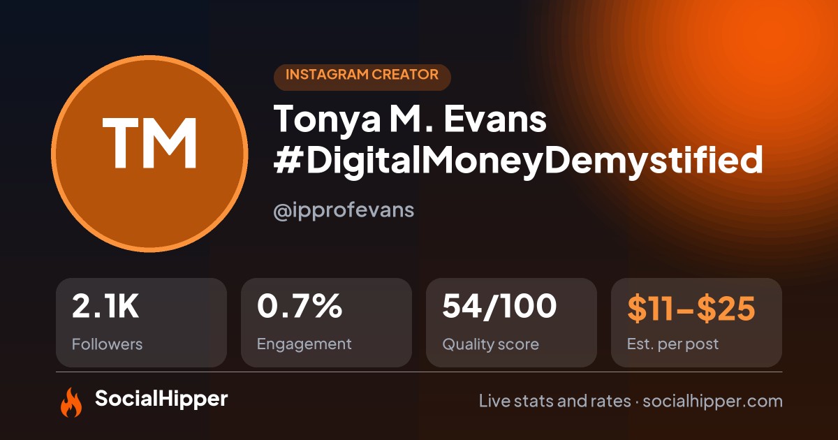 Tonya M. Evans #DigitalMoneyDemystified Instagram stats on SocialHipper
