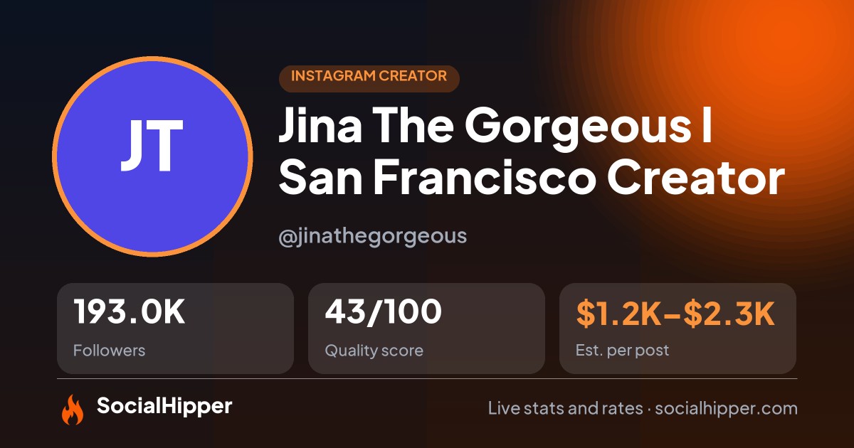 Jina The Gorgeous l San Francisco Creator Instagram stats on SocialHipper