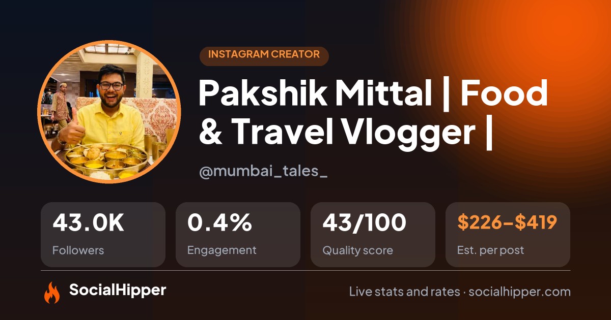 Pakshik Mittal | Food & Travel Vlogger | Instagram stats on SocialHipper
