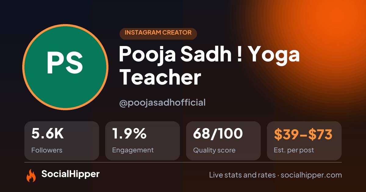 Pooja Sadh ! Yoga Teacher Instagram stats on SocialHipper