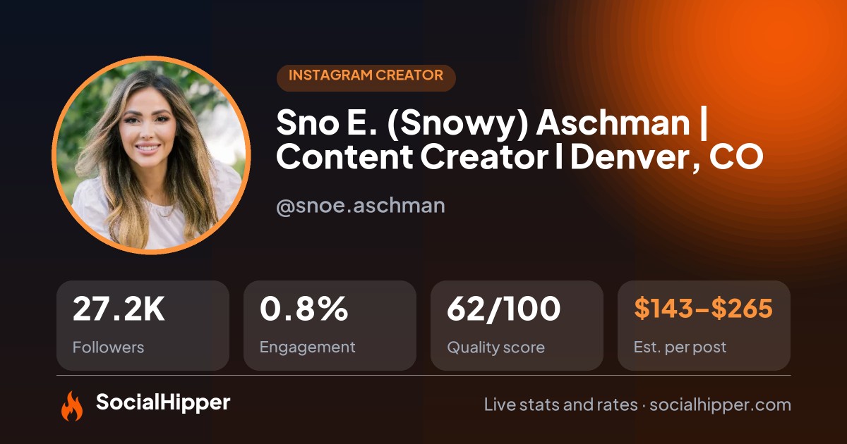Sno E. (Snowy) Aschman | Content Creator l Denver, CO Instagram stats on SocialHipper