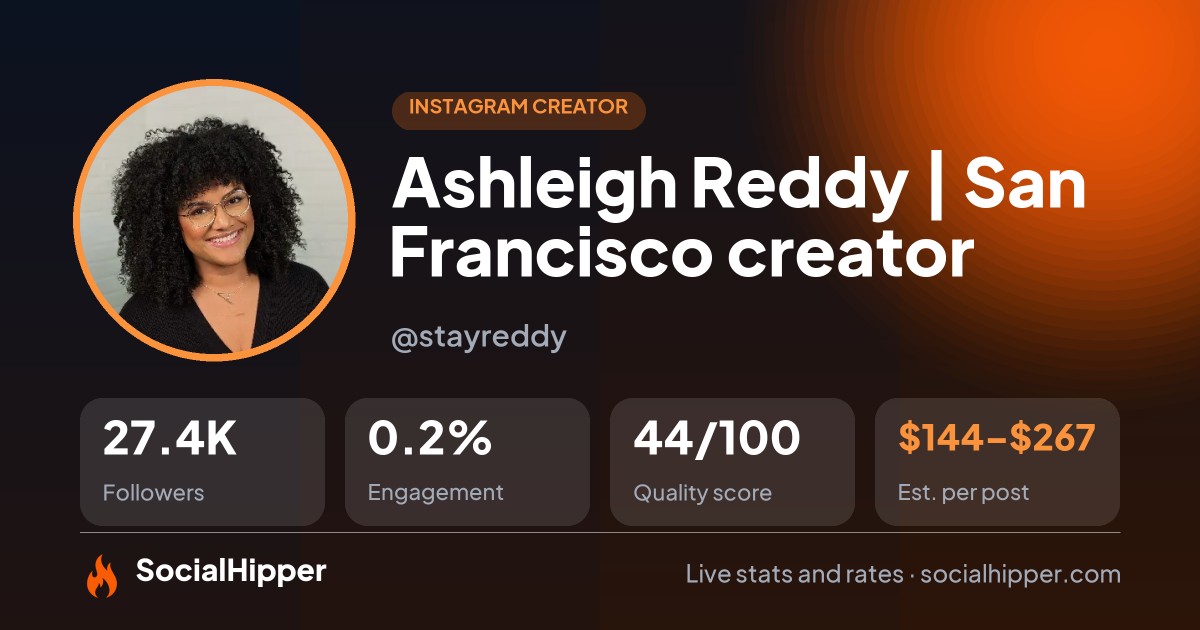 Ashleigh Reddy | San Francisco creator Instagram stats on SocialHipper