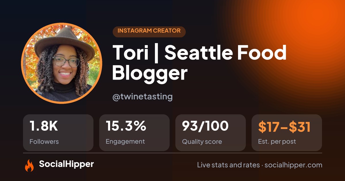 Tori | Seattle Food Blogger Instagram stats on SocialHipper
