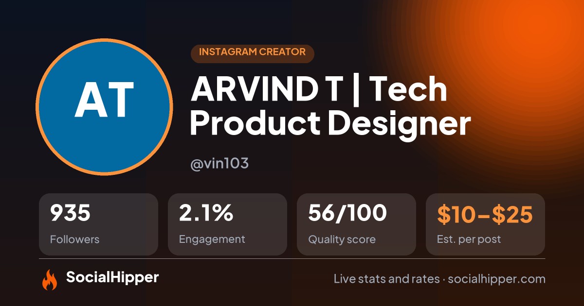 ARVIND T | Tech Product Designer Instagram stats on SocialHipper