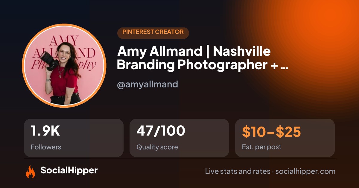 Amy Allmand | Nashville Branding Photographer + Content Creator Pinterest stats on SocialHipper