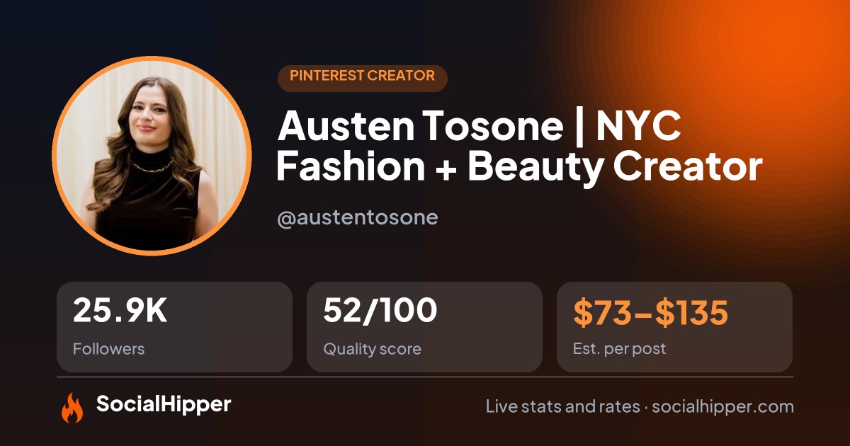Austen Tosone | NYC Fashion + Beauty Creator Pinterest stats on SocialHipper