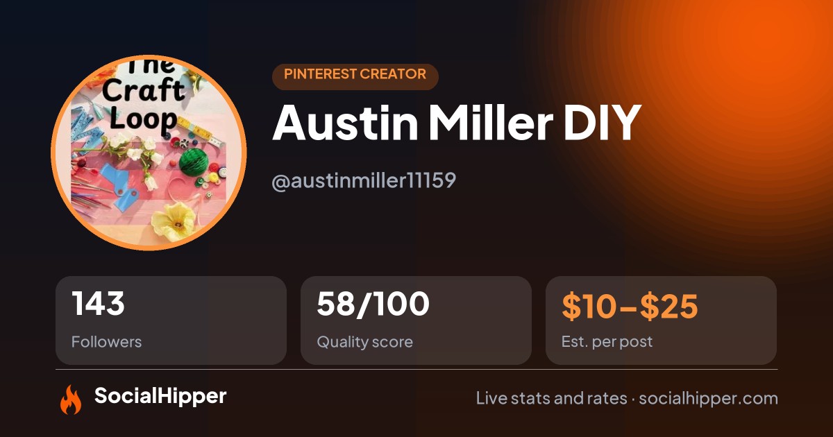 Austin Miller DIY Pinterest stats on SocialHipper
