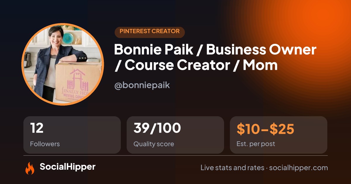 Bonnie Paik / Business Owner 🚚 / Course Creator 📦 / Mom 💜 Pinterest stats on SocialHipper