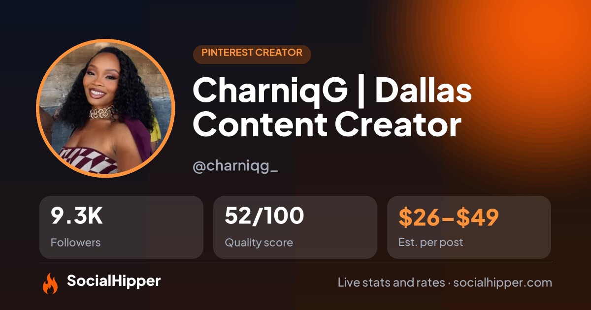 CharniqG | Dallas Content Creator Pinterest stats on SocialHipper