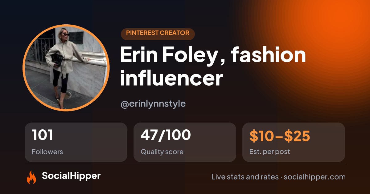 Erin Foley, fashion influencer Pinterest stats on SocialHipper