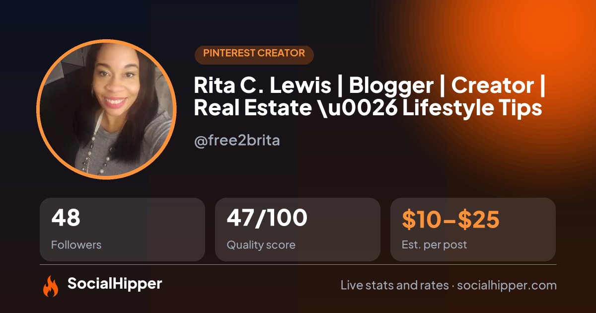 Rita C. Lewis | Blogger | Creator | Real Estate \u0026 Lifestyle Tips Pinterest stats on SocialHipper