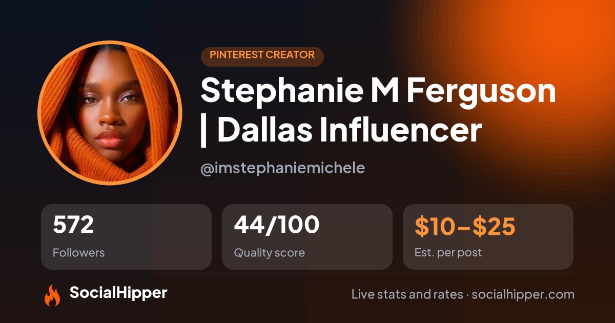 Stephanie M Ferguson | Dallas Influencer Pinterest stats on SocialHipper