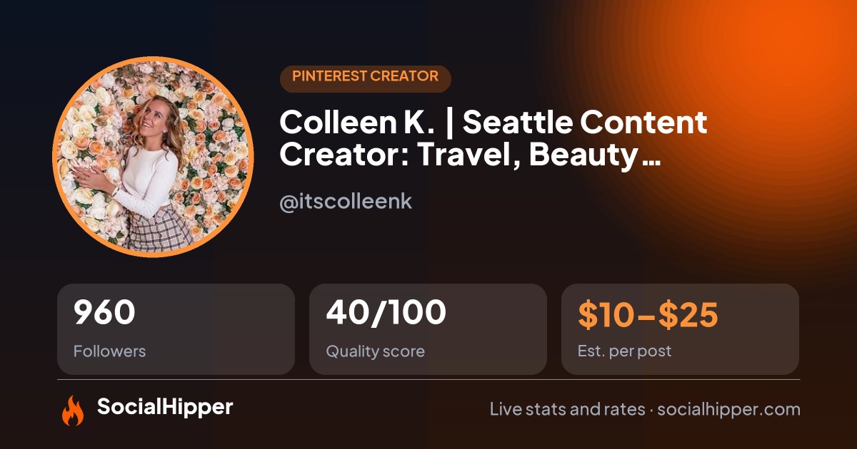 Colleen K. | Seattle Content Creator: Travel, Beauty, Lifestyle Pinterest stats on SocialHipper