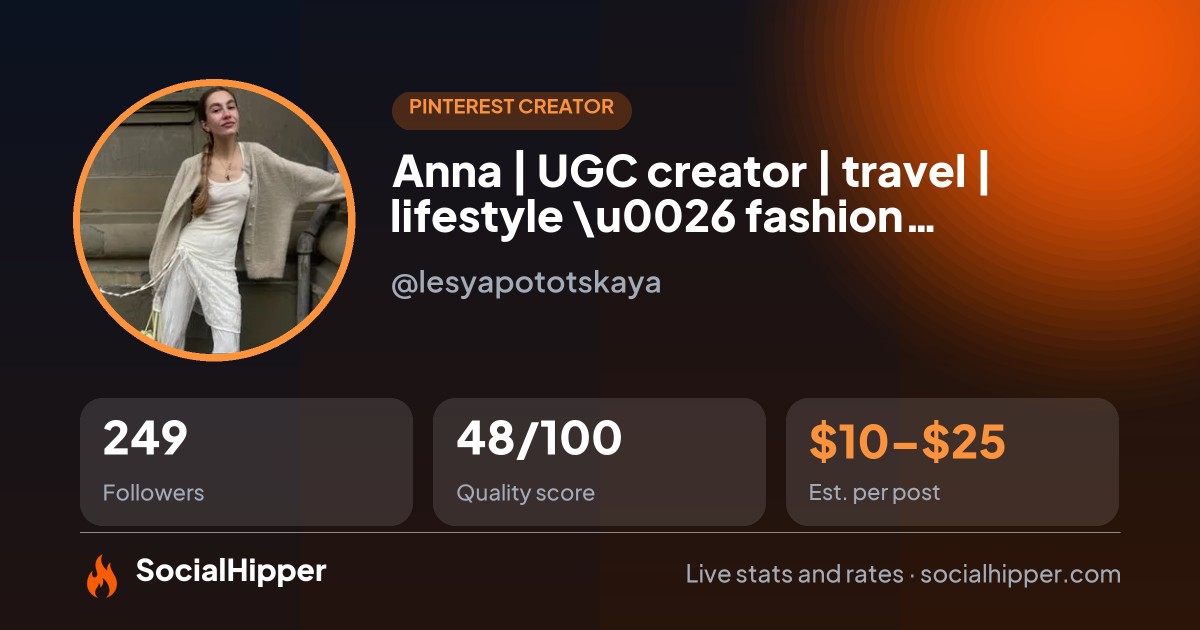 Anna | UGC creator | travel | lifestyle \u0026 fashion influencer Pinterest stats on SocialHipper
