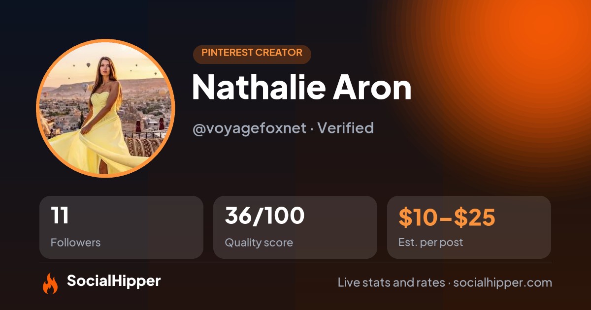 Nathalie Aron Pinterest stats on SocialHipper
