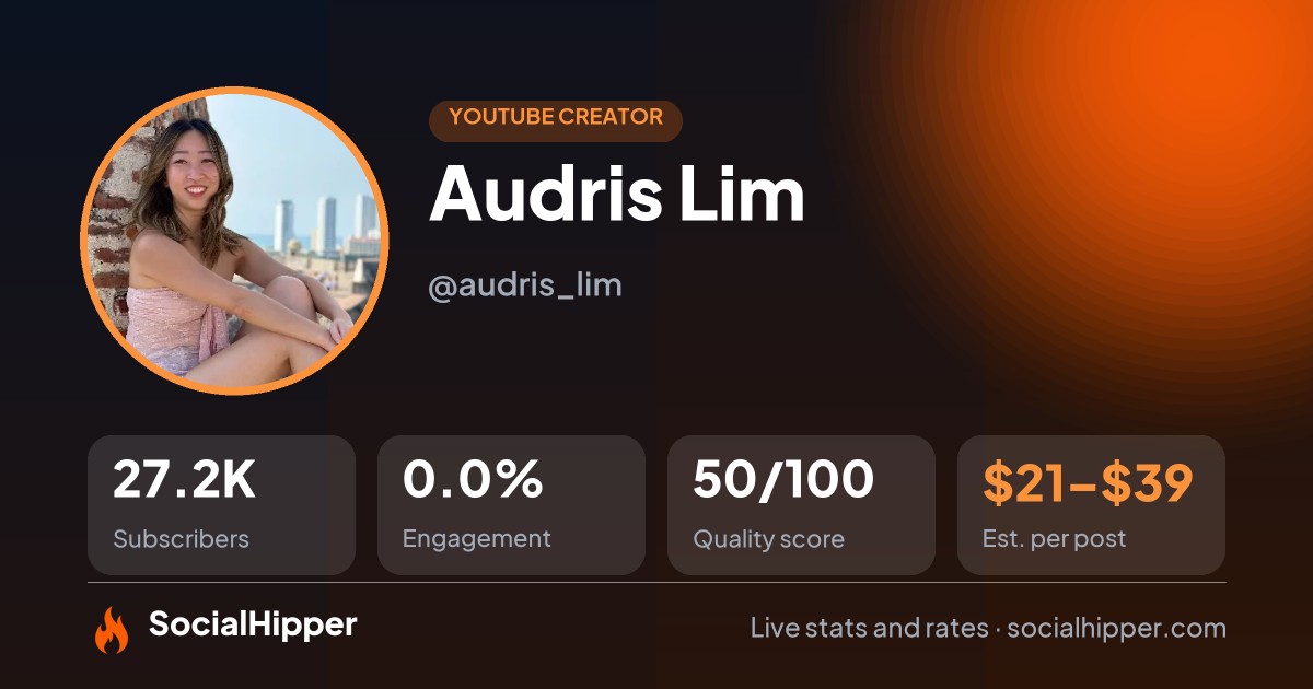 Audris Lim YouTube stats on SocialHipper