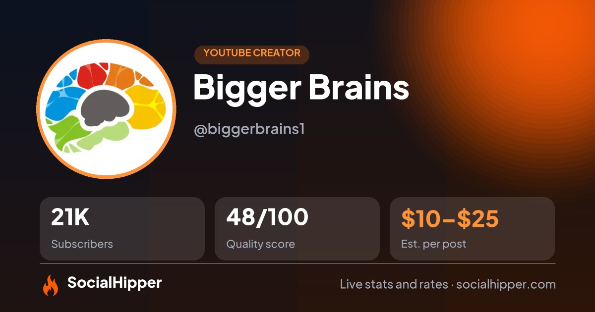 Bigger Brains YouTube stats on SocialHipper