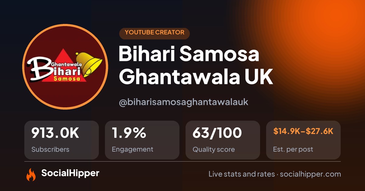 Bihari Samosa Ghantawala UK YouTube stats on SocialHipper