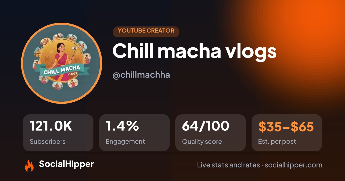 Chill macha vlogs YouTube stats on SocialHipper