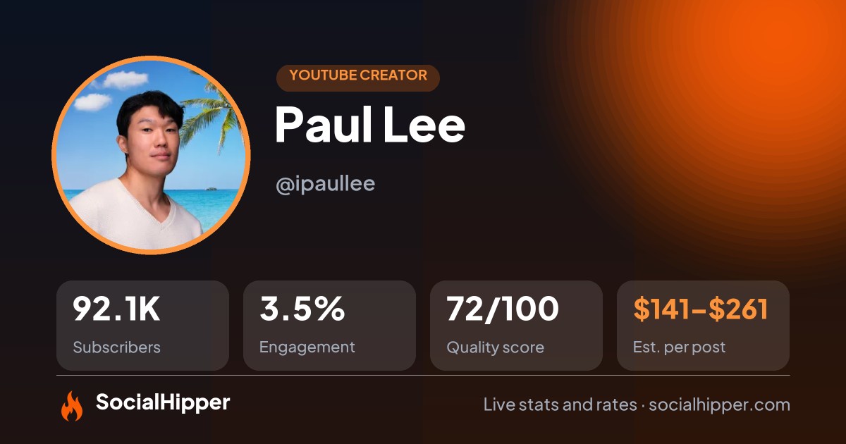 Paul Lee YouTube stats on SocialHipper