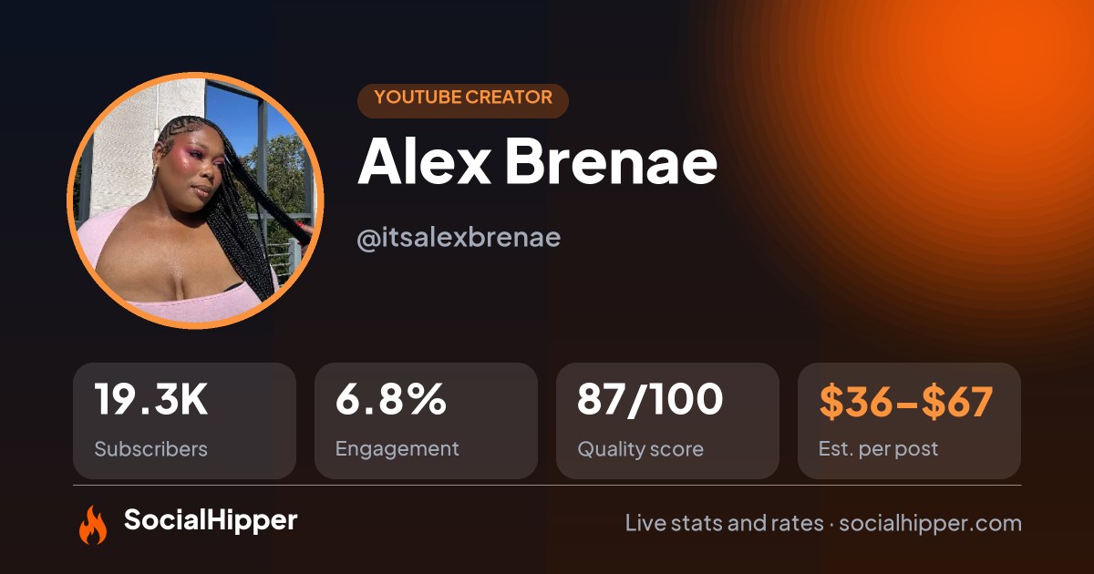 Alex Brenae YouTube stats on SocialHipper