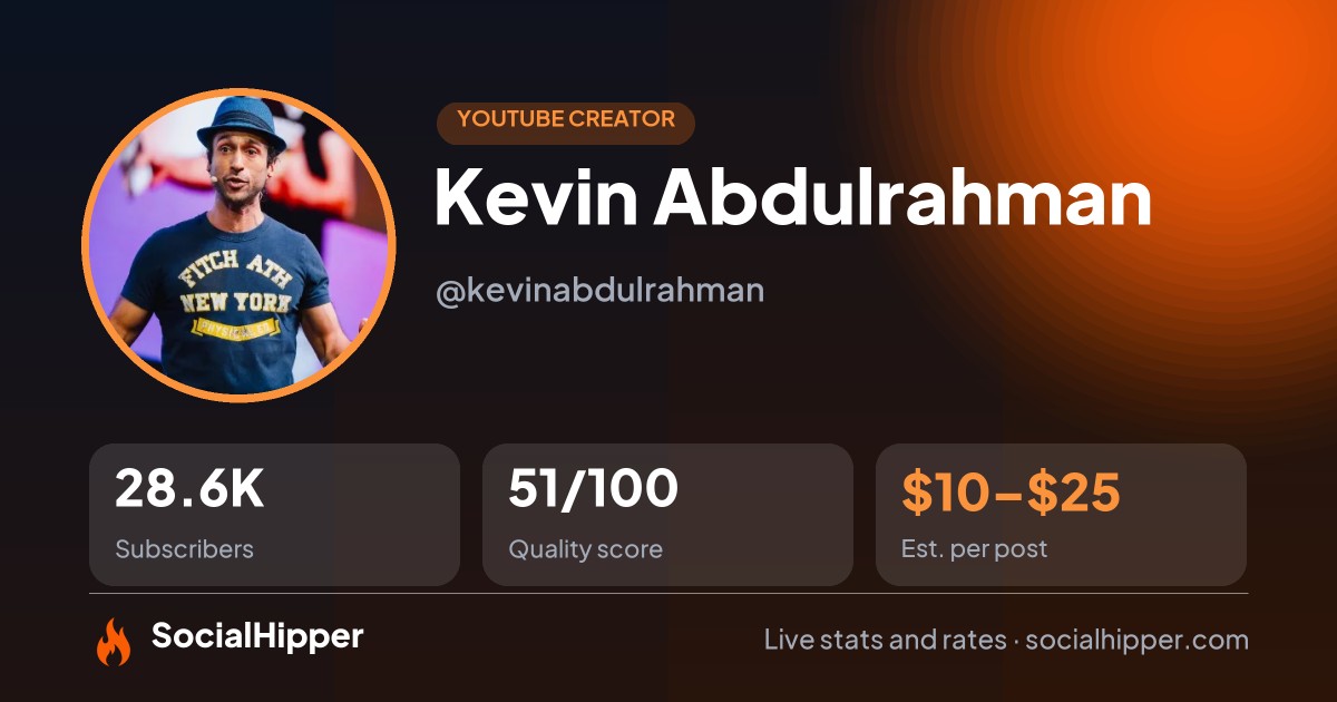 Kevin Abdulrahman YouTube stats on SocialHipper